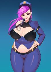 Rule 34 | 1girl, absurdres, belt, breasts, cleavage, commission, covered erect nipples, cuffs, earrings, hand on own hip, handcuffs, hat, highres, jacket, jewelry, keisar51nsfw, large breasts, league of legends, long sleeves, midriff, navel, nose piercing, officer vi, piercing, pink hair, plump, police, police hat, police uniform, policewoman, purple eyes, smile, solo, tight clothes, tongue, tongue out, uniform, vi (league of legends)