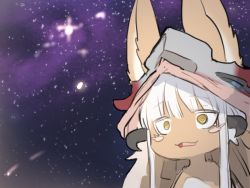 Rule 34 | 1girl, :3, animal ears, ears through headwear, female focus, furry, furry female, hat, horns, made in abyss, meme, nanachi (made in abyss), parted lips, sky, solo, space, space cat (meme), star (sky), starry sky, suurin (ksyaro), topless, topless frame, upper body, whiskers, white hair, wide-eyed, yellow eyes