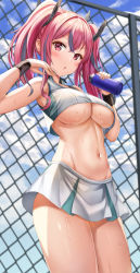 Rule 34 | 1girl, absurdres, armpits, arms up, azur lane, bare shoulders, blurry, blush, bottle, breasts, bremerton (azur lane), bremerton (scorching-hot training) (azur lane), chain-link fence, cowboy shot, crop top, crop top overhang, depth of field, fence, groin, hair ornament, highres, holding, kitin, large breasts, long hair, looking at viewer, midriff, miniskirt, multicolored hair, navel, no bra, parted lips, pink eyes, pink hair, pleated skirt, shirt, skirt, sleeveless, sleeveless shirt, solo, standing, stomach, streaked hair, sweat, sweatband, thighs, twintails, underboob, v-shaped eyebrows, white shirt, white skirt