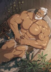 Rule 34 | 1boy, abs, bara, bath, bathroom, bathtub, beard, blue eyes, bubble bath, claw foot bathtub, closed eyes, closed mouth, completely nude, covering privates, dark-skinned male, dark skin, facial hair, faucet, hair bun, highres, indoors, jp (street fighter), large pectorals, long hair, male focus, mature male, muscular, muscular male, mustache, nipples, nude, old, old man, own hands clasped, own hands together, partially submerged, pectorals, plant, potted plant, sa1k0p, sleeping, soap bubbles, solo, street fighter, street fighter 6, thick beard, thick eyebrows, thick mustache, tile floor, tile wall, tiles, veins, vines, wet, white hair
