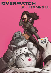 Rule 34 | absurdres, ammunition pouch, assault rifle, atlas (titanfall), blunt bangs, brown hair, bulletproof vest, character name, closed mouth, coco jang, copyright name, d.va (overwatch), emblem, facepaint, facial mark, gun, hand on own head, hand up, highres, holster, load bearing vest, logo, long hair, mecha, overwatch, overwatch 1, pants, parody, pink background, pink eyes, pouch, rifle, robot, scarf, simple background, smile, sniper rifle, titanfall, titanfall (series), weapon, whisker markings