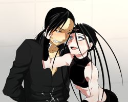 Rule 34 | 2boys, androgynous, arms behind back, black hair, cum, envy (fma), fang, fullmetal alchemist, greed (fma), grimace, hand on another&#039;s cheek, hand on another&#039;s face, headband, hiroshi (kitaro), homunculus, ling yao, long hair, midriff, multiple boys, naughty face, open mouth, ponytail, purple eyes, red eyes, skin tight, sleeveless, sweat, yaoi