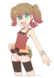 Rule 34 | 1girl, alternate hairstyle, bike shorts, blue eyes, breasts, brown hair, creatures (company), game freak, jewelry, long hair, looking at viewer, may (pokemon), nintendo, nyonn24, open mouth, pokemon, pokemon oras, ribbon, short twintails, shorts, simple background, sleeveless, smile, solo, twintails, white background