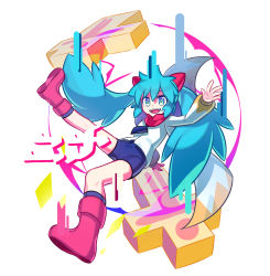 Rule 34 | 1girl, :d, blue eyes, blue hair, blue shorts, fang, fold-over boots, hag (hag 015), hand up, hatsune miku, highres, jacket, kneehighs, leg up, long hair, long sleeves, looking at viewer, nina (vocaloid), open mouth, puffy sleeves, red footwear, red scarf, scarf, shorts, simple background, smile, socks, solo, twintails, very long hair, vocaloid, white background, white jacket