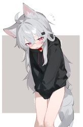 Rule 34 | 1girl, animal ears, black hoodie, blush, collar, fenrir (fenriluuu), hair ornament, hairclip, have to pee, highres, hood, hoodie, long hair, open mouth, original, pink eyes, red collar, rir-chan, solo, tail, tearing up, thigh gap, trembling, wolf ears, wolf girl, wolf tail