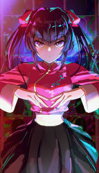 Rule 34 | 1girl, :o, black hair, black skirt, chinese clothes, hair ribbon, highres, jacket, long hair, looking at viewer, own hands together, parted lips, pink jacket, pink ribbon, purple eyes, ribbon, senki zesshou symphogear, skirt, solo, thundergotch, tsukuyomi shirabe, twintails