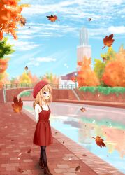 Rule 34 | 1girl, absurdres, arms behind back, autumn, autumn leaves, beret, black pantyhose, blue eyes, blue sky, blurry, blurry background, boots, bow, brown footwear, commentary request, cross-laced footwear, dress, falling leaves, hat, highres, lace-up boots, lamppost, leaf, light brown hair, long sleeves, medium dress, original, pantyhose, pedestrian bridge, pinafore dress, red dress, red hat, river, riverbank, shirt, sky, sleeveless, sleeveless dress, solo, tower, tree, waist bow, walking, white shirt, wide shot, yutuki ame