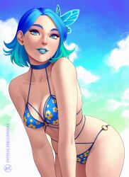 1girl bikini blue_choker blue_eyes blue_hair blue_lips choker cloud floral_print floral_print_bikini highres solo suddakka swimsuit