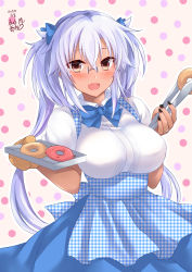 Rule 34 | 1girl, alternate costume, apron, arms up, black nails, blue bow, blue bowtie, blue hair, blue skirt, blush, bow, bowtie, breasts, commentary request, contrapposto, cowboy shot, dark-skinned female, dark skin, dated, doughnut, fang, fingernails, food, gingham apron, hair between eyes, hair ribbon, highres, holding, holding tray, jewelry, kantai collection, kobeya, kobeya uniform, large breasts, light blue hair, long hair, looking at viewer, mashiro yukiya, musashi (kancolle), musashi kai ni (kancolle), nail polish, open mouth, outline, pink background, polka dot, polka dot background, rectangular eyewear, ribbon, rimless eyewear, ring, shirt, short hair with long locks, short sleeves, signature, skin fang, skirt, solo, standing, tan, tongs, tray, twintails, very long hair, wedding band, white shirt