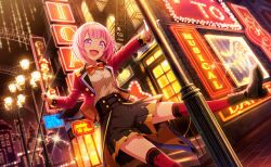 Rule 34 | 1girl, balcony, black footwear, black shorts, boots, bow, bowtie, cane, city lights, colorful palette, gold trim, highres, holding, holding cane, jacket, lamppost, long sleeves, looking at viewer, neon lights, official art, ootori emu, open mouth, pink eyes, pink hair, pleated shorts, project sekai, red bow, red bowtie, red jacket, red thighhighs, shirt, short hair, shorts, sign, smile, solo, sparkle, stairs, thighhighs, third-party source, white shirt, window, wing collar, zenryoku! wonder halloween! (project sekai)