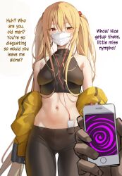 Rule 34 | 1boy, 1girl, absurdres, armpit crease, bare shoulders, black pants, black shirt, blonde hair, blush, breasts, collarbone, cowboy shot, crop top, gluteal fold, hair bobbles, hair ornament, half-closed eyes, hard-translated, hetero, highres, holding, holding phone, hypnosis, jacket, k pring, leggings, long hair, looking at viewer, male hand, mask, medium breasts, midriff, mind control, mouth mask, navel, off shoulder, open clothes, open jacket, original, pants, phone, pov, pov hands, red eyes, sayuri (k pring), shirt, skin tight, sleeveless, sleeveless shirt, solo focus, standing, stomach, surgical mask, thick thighs, thighs, third-party edit, translated, twintails, very long hair, white background, wide hips, yellow jacket, yoga pants