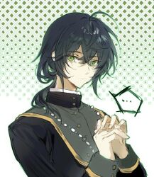 Rule 34 | ..., 1boy, ahoge, black hair, black jacket, character request, chinese commentary, closed mouth, commentary request, copyright request, gold trim, green eyes, hair between eyes, jacket, long sleeves, low ponytail, male focus, own hands together, sleeve cuffs, solo, sweat, xiaohuaitongxue