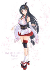 Rule 34 | 1girl, absurdres, black hair, character name, commentary request, detached sleeves, epaulettes, floral print, fusou (kancolle), fusou kai ni (kancolle), geta, hair ornament, highres, japanese clothes, kantai collection, knee pads, long hair, looking at viewer, petals, platform footwear, red eyes, simple background, skypixter, socks, solo, standing, tabi, white background, white socks
