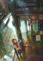 Rule 34 | 1girl, absurdres, against railing, bag, blue pants, brown hair, building, cellphone, city, clock, closed mouth, column, commentary request, flip phone, flower, glasses, graphite (medium), grass, highres, holding, holding phone, holographic interface, indoors, leaning against railing, looking up, menu, mitsuki (yu hsiang yi), original, pants, phone, pillar, pink socks, plant, pot, potted plant, pouch, railing, red-framed eyewear, red scarf, scarf, scenery, science fiction, semi-rimless eyewear, shirt, shoes, shoulder bag, sign, socks, solo, stairs, standing, traditional media, under-rim eyewear, water, waterfall, window, yellow eyes
