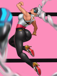 Rule 34 | 1girl, arms (game), ass, back, bare shoulders, black pants, blue eyes, boxing gloves, bracelet, breasts, chilla (arms), curvy, dark skin, dark-skinned female, domino mask, drill hair, earrings, from behind, full body, high heels, hip focus, huge ass, jewelry, large breasts, lipstick, looking at viewer, looking back, makeup, mask, metalbolic, multicolored hair, pants, pink background, pink hair, red lips, sideboob, simple background, smile, solo, thighs, tight clothes, tight pants, twin drills, twintails, twintelle (arms), two-tone hair, white hair, wide hips, zipper