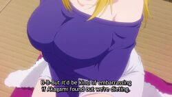 Rule 34 | 1girl, animated, anime screenshot, aoba tsukuyo, arm under breasts, between legs, blonde hair, blue shirt, blush, breasts, collarbone, hand between legs, highres, large breasts, long hair, long sleeves, red eyes, seiza, shirt, shorts, sidelocks, sitting, sound, subtitled, table, tagme, temple (series), thighs, video