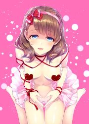 Rule 34 | 1girl, :d, alpha (yukai na nakamatachi), arm ribbon, barefoot, blue eyes, blush, bow, breasts, breasts out, brown hair, censored, choker, collarbone, dress, feet, hair bow, hairband, heart, heart-shaped pupils, heart censor, heart hands, idolmaster, idolmaster cinderella girls, jpeg artifacts, looking at viewer, medium breasts, navel, no bra, open clothes, open dress, open mouth, panties, pink background, pink bow, pink dress, pink hairband, pink panties, plaid, plaid bow, red bow, red ribbon, ribbon, ribbon choker, sakuma mayu, shaded face, sitting, smile, solo, symbol-shaped pupils, underwear, wariza