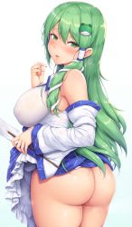 Rule 34 | absurdres, ass, bare shoulders, blue skirt, blush, breasts, clothes lift, covered erect nipples, detached sleeves, frilled skirt, frills, frog hair ornament, from behind, gohei, green eyes, green hair, hair ornament, hair tubes, highres, holding, holding weapon, kochiya sanae, large breasts, lifted by self, long hair, long sleeves, looking at viewer, looking back, no panties, parted lips, see-through, shirt, simple background, single sidelock, skirt, skirt lift, smile, snake hair ornament, solo, touhou, very long hair, weapon, wet, wet clothes, wet shirt, white background, white shirt, yuki usagi (snowcanvas)