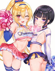 Rule 34 | 2girls, absurdres, alternate hairstyle, ass, asymmetrical docking, bare shoulders, black hair, black panties, blonde hair, blue hairband, blunt bangs, blush, bob cut, bow, breast press, breasts, cheerleader, cleavage, clothes writing, collarbone, commentary request, cowboy shot, crop top, elbow gloves, eyelashes, fangs, gloves, hair bow, hair ornament, hair over eyes, hairband, hairclip, highres, holding, holding pom poms, idolmaster, idolmaster cinderella girls, kurosaki chitose, large breasts, long hair, looking at viewer, midriff, miniskirt, multiple girls, navel, nekoyashiki pushio, one eye closed, open mouth, panties, pantyshot, pink eyes, pink panties, pleated skirt, pom pom (cheerleading), pom poms, ponytail, purple eyes, shirayuki chiyo, short hair, simple background, skindentation, skirt, small breasts, smile, song name, striped clothes, striped legwear, striped thighhighs, sweat, thigh gap, thighhighs, underboob, underwear, velvet rose, white background