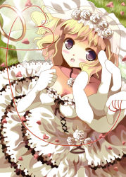 Rule 34 | 1girl, alice margatroid, bare shoulders, blonde hair, blue eyes, blush, breasts, bridal veil, bride, cleavage, dress, elbow gloves, female focus, flower, flower necklace, frills, gloves, grass, hand on own chest, hazakura satsuki, heart, jewelry, necklace, open mouth, outstretched hand, petals, rose, rose petals, solo, strapless, strapless dress, string, string of fate, touhou, veil, wedding dress, white dress, white flower, white gloves, white rose