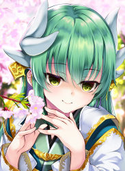 Rule 34 | 1girl, blurry, blurry background, branch, cherry blossoms, closed mouth, commentary request, depth of field, fate/grand order, fate (series), fingernails, flower, green eyes, green hair, green kimono, hair between eyes, hair ornament, hands up, highres, hitsujibane shinobu, horns, japanese clothes, kimono, kiyohime (fate), long hair, long sleeves, looking at viewer, pink flower, smile, solo, upper body, white kimono
