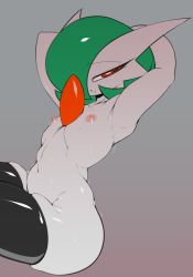 Rule 34 | 1girl, absurdres, armpits, arms behind head, arms up, black thighhighs, bob cut, collarbone, colored skin, creatures (company), female focus, fir3born, flat chest, flat color, from side, game freak, gardevoir, gen 3 pokemon, gradient background, green hair, grey background, hair over one eye, half-closed eyes, highres, leaning back, looking at viewer, navel, nintendo, nipples, nude, one eye covered, parted lips, pokemon, pokemon (creature), red eyes, shiny clothes, short hair, simple background, sitting, sketch, skindentation, solo, split mouth, stomach, sweat, thighhighs, white skin, wide hips