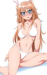 Rule 34 | absurdres, bikini, blue eyes, breasts, brown hair, feet out of frame, hair ribbon, highres, houjou hibiki, long hair, looking at viewer, medium breasts, oimanji, precure, ribbon, simple background, sitting, suite precure, swimsuit, two side up, white background, white bikini