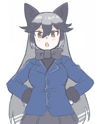 Rule 34 | 1girl, animal ears, black bow, black bowtie, black fur, blue jacket, blush, bow, bowtie, commentary request, fox ears, fox girl, from below, fur trim, grey hair, grey skirt, highres, jacket, kemono friends, long hair, long sleeves, looking at viewer, multicolored hair, open mouth, pleated skirt, silver fox (kemono friends), skirt, solo, tmtkn1, yellow eyes