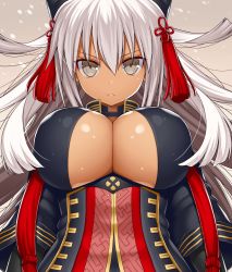 Rule 34 | &gt;:(, 1girl, asamura hiori, black coat, breasts, brown background, brown eyes, cleavage, closed mouth, coat, commentary request, dark-skinned female, dark skin, fate/grand order, fate (series), frown, hair ornament, highres, large breasts, long hair, long sleeves, looking at viewer, majin saber, okita souji alter (fate), okita souji (fate), sayagata, silver hair, solo, striped, upper body, vertical stripes