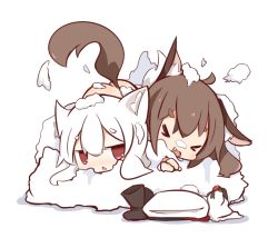 Rule 34 | &gt; &lt;, 2girls, :d, ahoge, animal ears, ass, brown eyes, brown hair, chibi, commentary request, closed eyes, imaizumi kagerou, inubashiri momiji, long hair, multiple girls, nuu (nu-nyu), open mouth, short hair, simple background, smile, snow, tail, touhou, white hair, wolf ears, wolf tail, xd