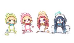 Rule 34 | 4girls, absurdly long hair, absurdres, acorn, alternate costume, animal, animal costume, aqua halo, aris (blue archive), banana (banana draw), bird, black hair, blonde hair, blue archive, blue bow, blue eyes, blush, bow, cat, cat costume, chibi, closed mouth, full body, game development department (blue archive), green eyes, green halo, hair bow, halo, highres, leaf, long hair, long sleeves, looking at viewer, midori (blue archive), momoi (blue archive), multiple girls, nose blush, open mouth, penguin, penguin costume, pink halo, purple eyes, red bow, red eyes, red hair, short hair, siblings, simple background, sisters, smile, rectangular halo, squirrel, standing, tears, twins, very long hair, white background, yellow halo, yuzu (blue archive)