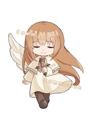 1girl chibi chibi_only closed_eyes closed_mouth commentary commission cross dress highres holding holding_cross long_hair mh7471778854146 orange_hair simple_background single_wing smile solo sophia_(xenogears) walking white_background white_dress wings xenogears