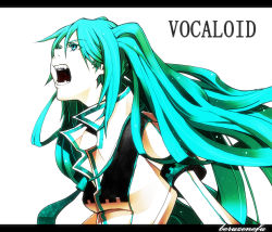 Rule 34 | 1girl, absurdres, aqua eyes, aqua hair, bad id, bad pixiv id, colored eyelashes, english text, eyelashes, fangs, female focus, hatsune miku, highres, letterboxed, long hair, open mouth, popped collar, simple background, solo, velzhe, vocaloid, white background