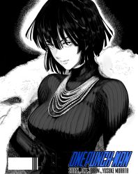 Rule 34 | 1girl, breasts, fubuki (one-punch man), jewelry, large breasts, lips, looking at viewer, monochrome, murata yuusuke, necklace, official art, one-punch man, ribbed sweater, short hair, smile, sweater, turtleneck