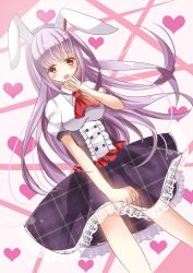 Rule 34 | 1girl, alternate costume, animal ears, bad id, bad pixiv id, blush, checkered clothes, checkered shirt, erika (ym0311), hand to own mouth, heart, highres, long hair, open mouth, purple hair, rabbit ears, red eyes, reisen udongein inaba, shirt, solo, touhou, very long hair