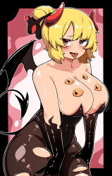Rule 34 | 1girl, absurdres, alternate costume, black border, black bow, black gloves, black wings, blonde hair, blush, border, bow, breasts, brown pantyhose, commentary request, cowboy shot, demon girl, demon tail, demon wings, elbow gloves, extra eyes, fake horns, fake tail, fake wings, fishnet pantyhose, fishnets, forked tongue, gloves, hair bow, hair bun, hands on own thighs, highres, horns, kurodani yamame, large breasts, looking at viewer, medium bangs, open mouth, outside border, pantyhose, pink background, red eyes, red horns, rinyamame, short hair, smile, solo, tail, tongue, tongue out, torn clothes, torn pantyhose, touhou, wings