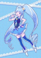 Rule 34 | 10s, 1girl, blue background, blue eyes, blue hair, blue skirt, blue theme, blue thighhighs, boots, brooch, chiyo (rotsurechiriha), crown, cure princess, eyelashes, hair ornament, hair ribbon, happinesscharge precure!, happy, heart, heart brooch, high heels, jewelry, long hair, looking at viewer, magical girl, matching hair/eyes, one eye closed, open mouth, precure, ribbon, shirayuki hime, shirt, skirt, smile, solo, standing, thighhighs, thighs, twintails, very long hair, wink, wrist cuffs, zettai ryouiki