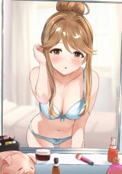 Rule 34 | 1girl, adjusting hair, b1ack illust, backlighting, bed, blue bra, blue panties, blush, bra, breasts, brown eyes, character request, cleavage, collarbone, commentary request, copyright request, female pov, hair bun, highres, leaning forward, light brown hair, long hair, looking at viewer, makeup, makeup brush, medium breasts, mirror, nail polish bottle, navel, panties, piggy bank, pov, single hair bun, solo, sunlight, swept bangs, underwear, underwear only
