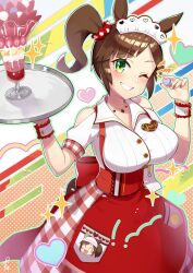 Rule 34 | 1girl, asymmetrical bangs, blush, breasts, brown hair, buttons, candy, clothing cutout, food, freckles, green eyes, grin, hands up, heart, high-waist skirt, highres, holding, holding candy, holding food, holding tray, horse girl, horse tail, ice cream, ines fujin (melty gift) (umamusume), ines fujin (umamusume), inomata konomu, jewelry, large breasts, looking at viewer, maid headdress, name tag, necklace, one eye closed, pocket, red skirt, shirt, short hair, short sleeves, shoulder cutout, side ponytail, skirt, smile, solo, sparkle, sundae, tail, tray, umamusume, waitress, white shirt, wrist cuffs