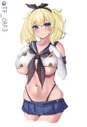 Rule 34 | 1girl, black hairband, black neckerchief, black panties, blonde hair, blue eyes, blue sailor collar, blue skirt, breasts, cosplay, cowboy shot, crop top, cropped legs, elbow gloves, gambier bay (kancolle), gloves, hairband, highleg, highleg panties, highres, kantai collection, large breasts, long hair, looking at viewer, microskirt, miniskirt, neckerchief, one-hour drawing challenge, panties, pleated skirt, sailor collar, shimakaze (kancolle), shimakaze (kancolle) (cosplay), shirt, simple background, skirt, sleeveless, sleeveless shirt, solo, tf cafe, twitter username, underboob, underwear, white background, white gloves