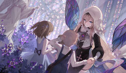 Rule 34 | 1boy, 2girls, absurdres, ai dongdong, aponia (honkai impact), birthday, black dress, black sleeves, blue eyes, breasts, brown hair, butterfly wings, child, closed mouth, dress, flower, garden, hair between eyes, hand on own head, height difference, highres, holding hands, honkai (series), honkai impact 3rd, indoors, insect wings, large breasts, light brown hair, long bangs, looking at another, mole, mole under eye, multiple girls, nun, purple dress, purple flower, revision, short hair, sleeveless, sleeveless dress, smile, statue, veil, white sleeves, white veil, wings