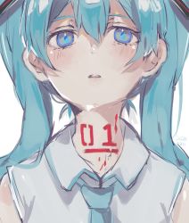 Rule 34 | 1girl, aqua hair, blue eyes, blue necktie, blush, body writing, collared shirt, dated, hair between eyes, hair ornament, hatsune miku, heremia, long hair, necktie, parted lips, shirt, sidelocks, simple background, sleeveless, sleeveless shirt, solo, teeth, twintails, upper body, upper teeth only, vocaloid, white background, white shirt