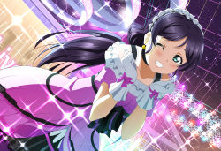 Rule 34 | 1girl, absurdres, bare shoulders, blush, bow, choker, clover earrings, commentary, dress, dutch angle, earrings, frilled dress, frills, gloves, green eyes, grin, happy birthday, headdress, highres, isami don, jewelry, kira-kira sensation!, long hair, looking at viewer, love live!, love live! school idol project, low twintails, one eye closed, purple bow, purple dress, purple hair, ribbon choker, short sleeves, smile, solo, sparkle, stage, stage lights, tojo nozomi, twintails, upper body, w arms, white gloves