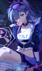 Rule 34 | 1girl, absurdres, blue eyes, blue jacket, chewing gum, chinese commentary, commentary request, crossed legs, drill hair, drill ponytail, eyewear on head, feet out of frame, head tilt, highres, honkai: star rail, honkai (series), index finger raised, jacket, long hair, looking at viewer, midriff, navel, pointing, pointing at viewer, ponytail, purple hair, shirt, silver wolf (honkai: star rail), single-shoulder shirt, sitting, solo, thighs, white paper is not paper, white shirt
