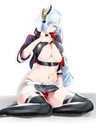 Rule 34 | 1girl, azur lane, belt, black skirt, black thighhighs, blue hair, breasts, clothing cutout, commission, cosplay, cropped shirt, feet out of frame, genshin impact, grey eyes, hair ornament, hair over one eye, highres, huge breasts, jacket, long bangs, long hair, navel, open clothes, open jacket, panties, panty straps, prinz eugen (azur lane), prinz eugen (azur lane) (cosplay), prinz eugen (final lap) (azur lane), purple jacket, race queen, red panties, sebakanken, shenhe (genshin impact), simple background, sitting, skirt, solo, thighhighs, two-tone skirt, underboob, underboob cutout, underwear, unzipped, very long hair, white background, white belt, white skirt