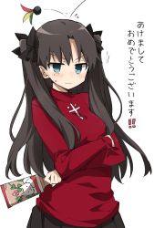 Rule 34 | 1girl, bad id, bad twitter id, black hair, black legwear, black skirt, blue eyes, blush, crossed arms, fate/stay night, fate (series), highres, long hair, looking at viewer, murakami meishi, new year, pleated skirt, skirt, solo, sweater, tohsaka rin, translated, two side up, white background