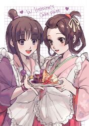 Rule 34 | 2girls, :d, absurdres, ace attorney, apron, black hair, blunt bangs, blush, brown eyes, brown hair, cake, food, frilled apron, frills, hair bun, hair ornament, hair ribbon, hair rings, half updo, heart, highres, holding, holding plate, japanese clothes, jewelry, kimono, long hair, long sleeves, maya fey, multiple girls, necklace, open mouth, plate, purple eyes, reba (akeruna), ribbon, short hair, sidelocks, smile, susato mikotoba, the great ace attorney, wide sleeves