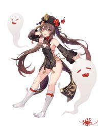 Rule 34 | 1girl, :d, absurdres, adapted costume, arm up, armpits, bare shoulders, black dress, black hat, black nails, breasts, brown hair, cleavage cutout, clothing cutout, detached sleeves, dress, fang, flower, genshin impact, ghost, hat, hat flower, highres, hokori sakuni, hu tao (genshin impact), jewelry, kneehighs, long hair, long sleeves, looking at viewer, multiple rings, nail polish, no panties, no shoes, ofuda, open mouth, pelvic curtain, plum blossoms, red eyes, ring, short dress, sideless outfit, small breasts, smile, socks, solo, star-shaped pupils, star (symbol), symbol-shaped pupils, tailcoat, thighs, twintails, very long hair, white socks