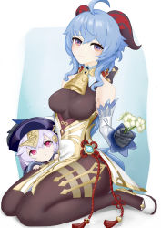 Rule 34 | 2girls, absurdres, ahoge, bare shoulders, bell, black gloves, black legwear, blue hair, bow, bowtie, breasts, chinese knot, coin hair ornament, commentary, curled horns, detached sleeves, flower, flower knot, ganyu (genshin impact), genshin impact, gloves, gold trim, hair ornament, high heels, highres, holding, holding flower, horns, jiangshi, long hair, looking at viewer, medium breasts, multicolored eyes, multiple girls, neck bell, purple eyes, qingxin flower, qiqi (genshin impact), seiza, sidelocks, sitting, smile, talisman, tassel, thighlet, uep, vision (genshin impact), white flower, white sleeves