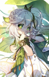 Rule 34 | 1girl, braid, cape, cat princess, commentary request, dress, genshin impact, green cape, green eyes, heart, heart hands, nahida (genshin impact), nahida (genshin impact), pointy ears, side ponytail, smile, solo, white dress, white hair